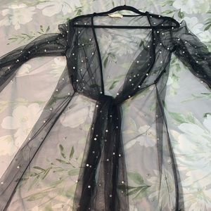 Black mesh with pearl studs swimsuit cover-up/kimono
